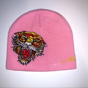 Ed Hardy Pink Knit Beanie Tiger Embroidery